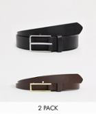 Asos Design 2 Pack Slim Belt In Black And Brown Faux Leather With Silver And Gold Buckle Save-multi