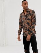 River Island Slim Fit Shirt With Baroque Print In Black - Black