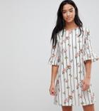 Yumi Petite Frill Sleeve Shift Dress In Stripe Floral Print - White