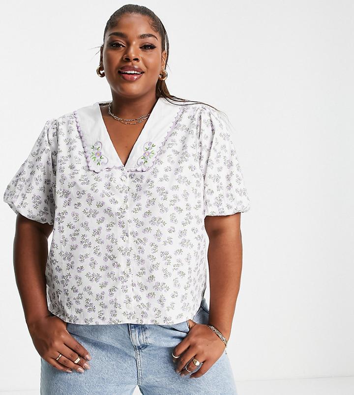 Neon Rose Plus Relaxed Blouse With Vintage Embroidered Collar In Ditsy Floral-white