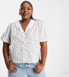Neon Rose Plus Relaxed Blouse With Vintage Embroidered Collar In Ditsy Floral-white