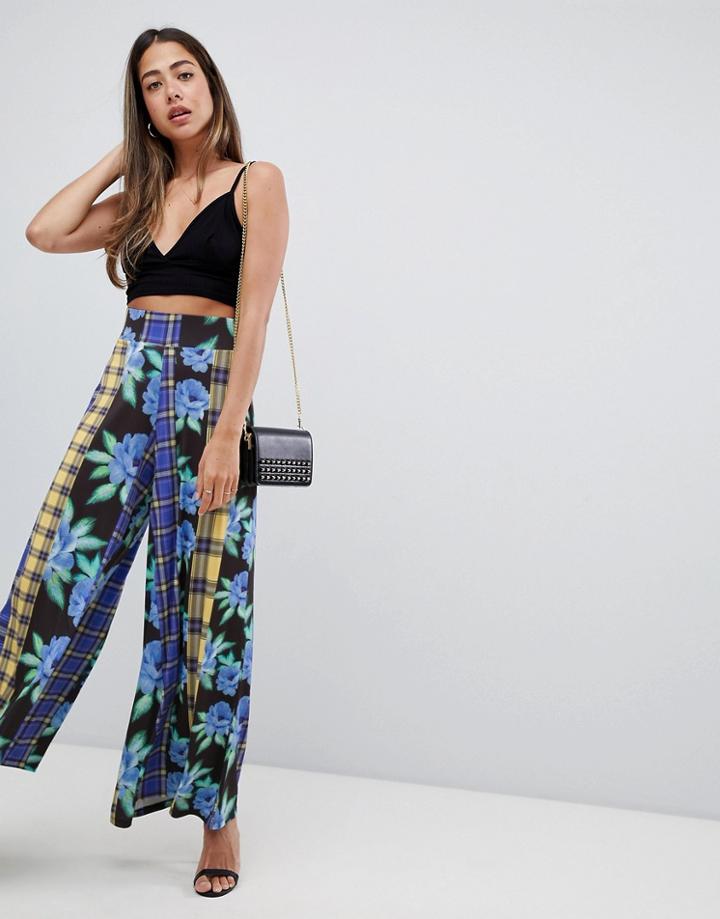 Asos Design Wide Leg Pants In Floral Check Print - Multi