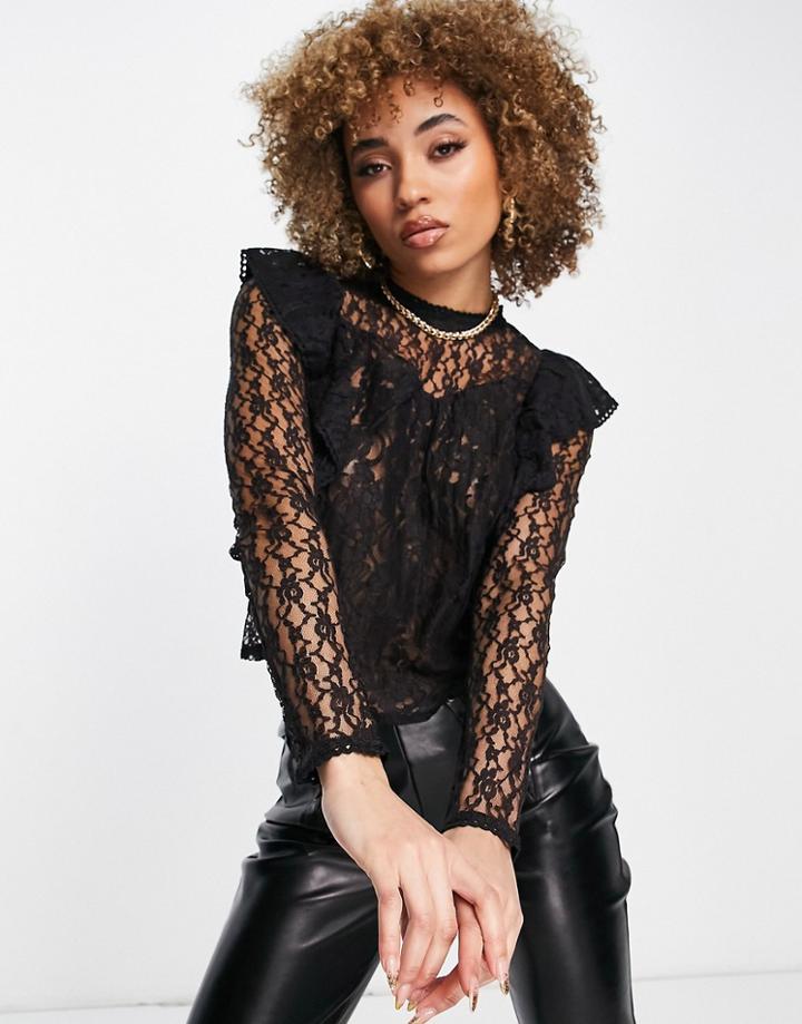 Na-kd Long Sleeve Flounce Shoulder Lace Top In Black