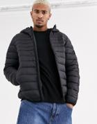 Pull & Bear Join Life Lightweight Quilted Jacket With Hood In Black