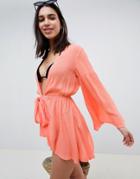 Asos Design Crinkle Tie Waist Beach Kimono Cover Up - Orange
