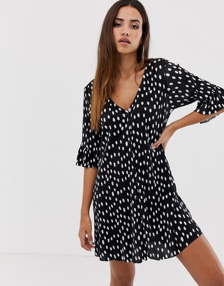 Asos Design Button Through Mini Plisse Dress In Spot - Multi