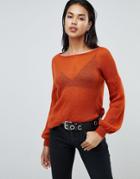 Sisley Balloon Sleeve Fine Knit Sweater In Orange - Orange