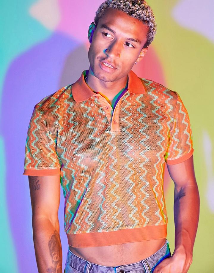 Asos Design Cropped Polo T-shirt In Patterned Mesh-orange