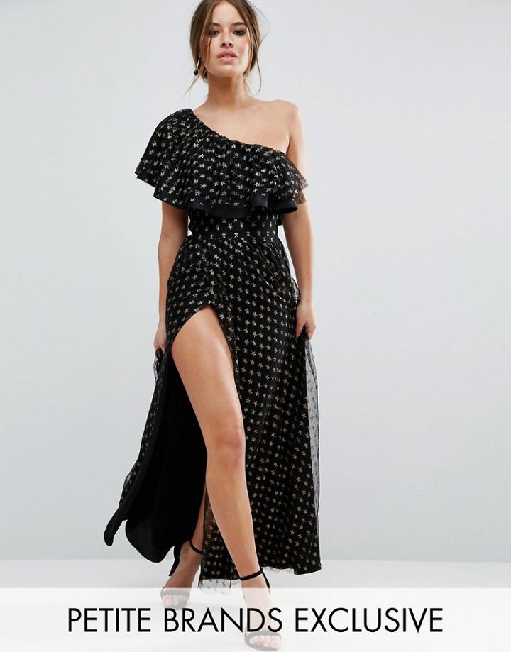 John Zack Petite One Shoulder Ruffle Maxi Dress In Lace Star Print - B