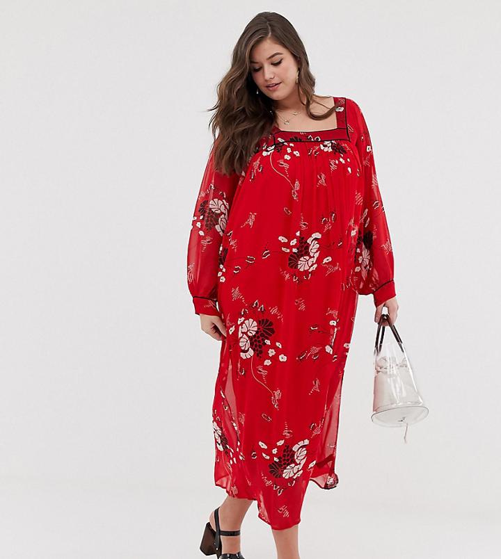 Asos Design Curve Floaty Square Neck Maxi Dress With Piping In Floral Print-multi