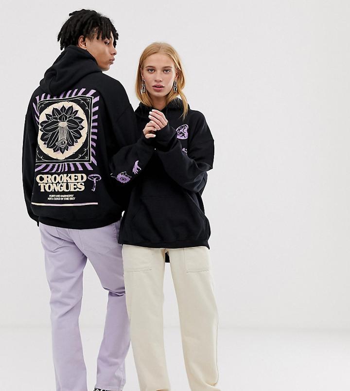 Crooked Tongues Unisex Oversized Hoodie In Black With Print - Black
