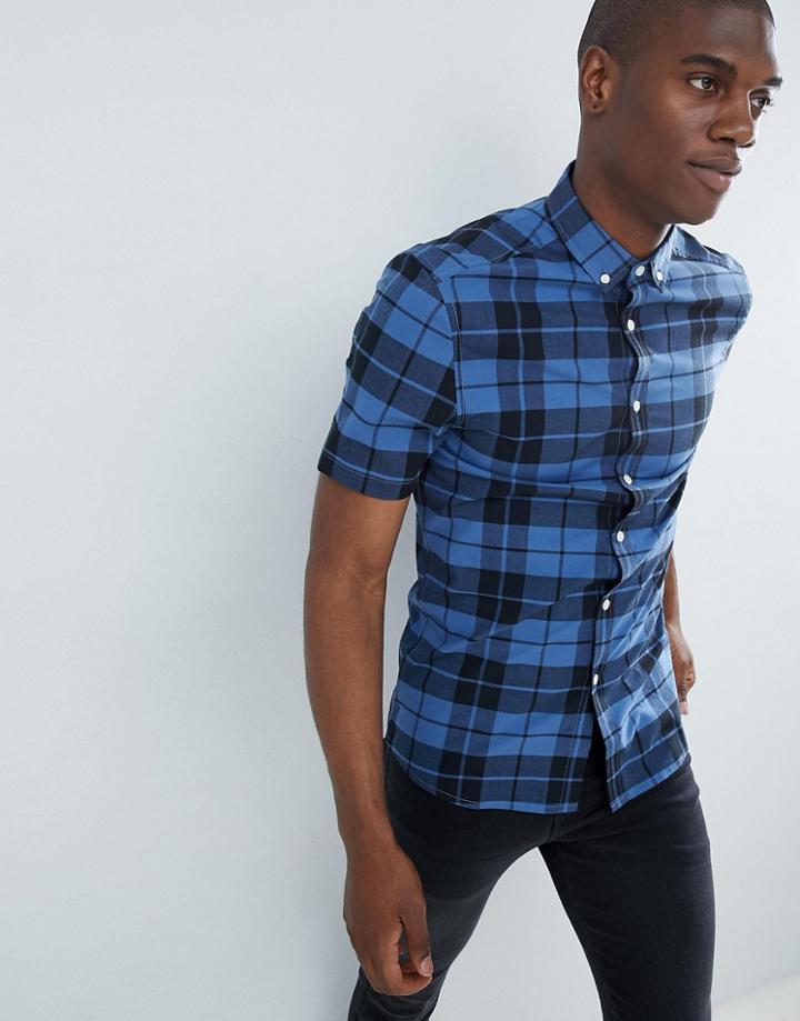 Asos Design Stretch Slim Check Shirt With Grandad Collar In Red - Blue