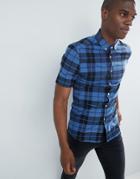 Asos Design Stretch Slim Check Shirt With Grandad Collar In Red - Blue
