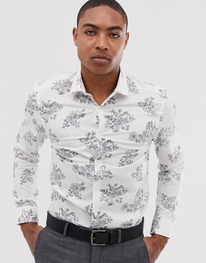 Moss London Skinny Fit Shirt With Monochrome Floral Print In White - White