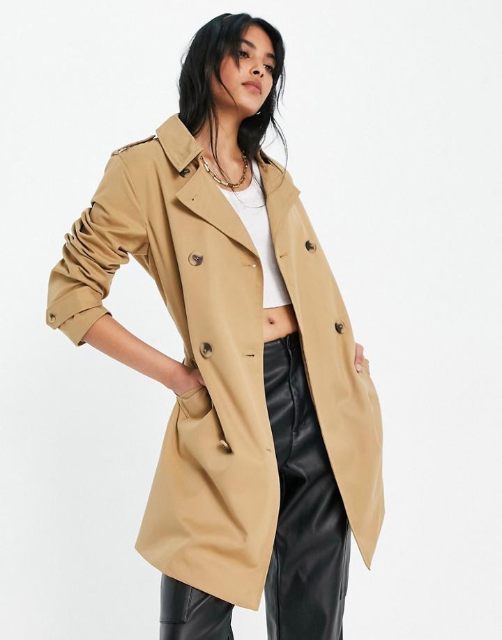 Vila Trench Coat With Tie Waist In Camel-neutral