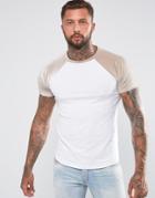 Asos T-shirt With Mini Curved Hem And Contrast Velour Raglan Sleeves In Taupe - White