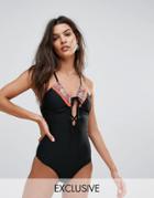 South Beach Embroidered Tie Up Swimsuit - Black