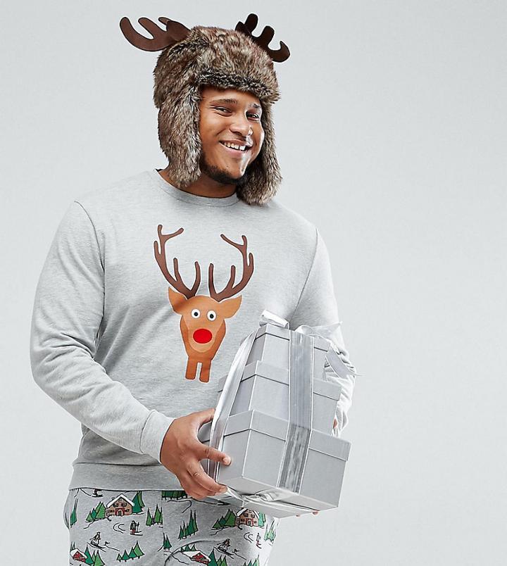 Asos Plus Holidays Sweatshirt With Reindeer And Tail Back Print - Gray