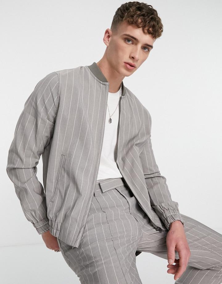 Asos Design Set Smart Bomber Jacket In Gray Pinstripe-grey