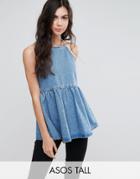 Asos Tall Denim Square Neck Top With Frill Hem In Midwash Blue - Blue