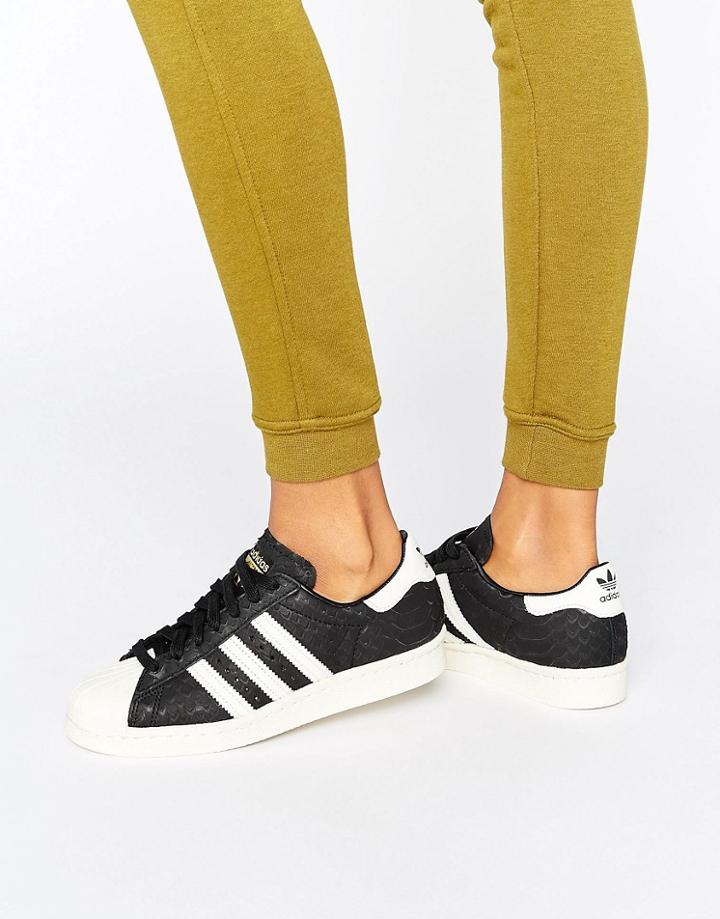 Adidas Originals Black Embossed Snake Print Superstar Sneakers - Black