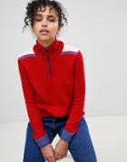 Pepe Jeans Claudia Sporty Color Block Wool Blend Knit Sweater With Circle Puller - Red