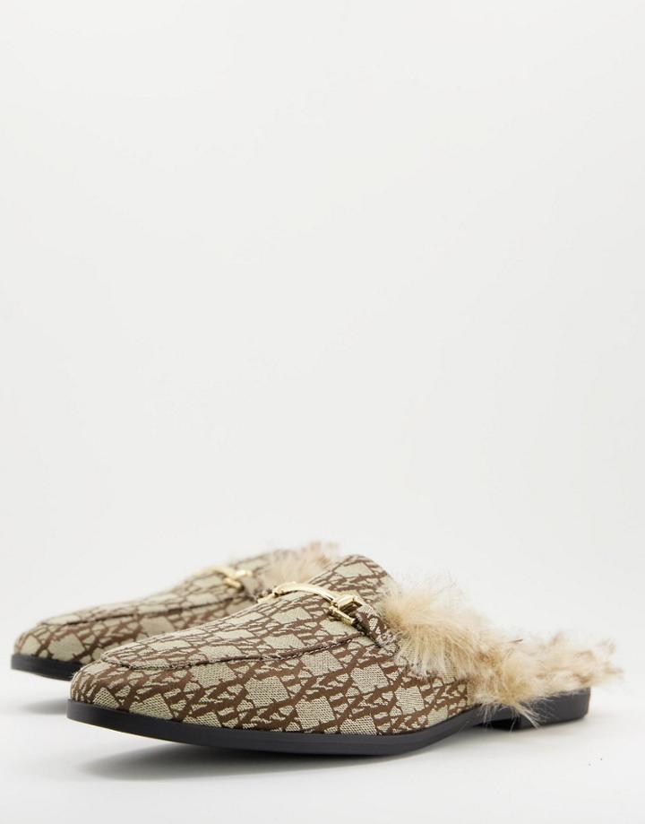 Asos Design Mule Loafer In Monogram Print With Faux Fur Detail-brown