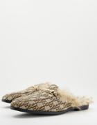Asos Design Mule Loafer In Monogram Print With Faux Fur Detail-brown
