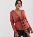 Asos Design Curve Long Sleeve Top In Slinky With Knot Front - Orange