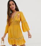 Asos Design Petite Lace Insert Mini Dress With Embroidery-yellow