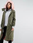 Puffa Oversized Parka Jacket With Faux Fur Trim And Snuggle Lining - Green