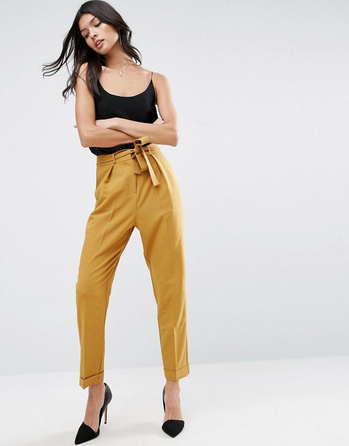 Asos Woven Peg Pants With Obi Tie - Gold