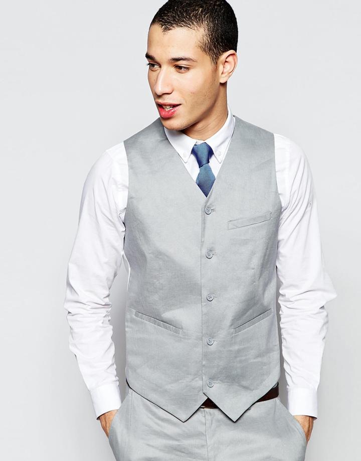 Asos Skinny Vest In Linen Mix - Gray