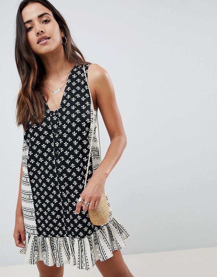 Asos Design Tab Side Button Through Pep Hem Sundress In Mixed Print - Multi