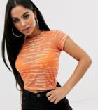 Asos Design Petite Fitted Mesh Top In Tie Dye With Cap Sleeve-orange