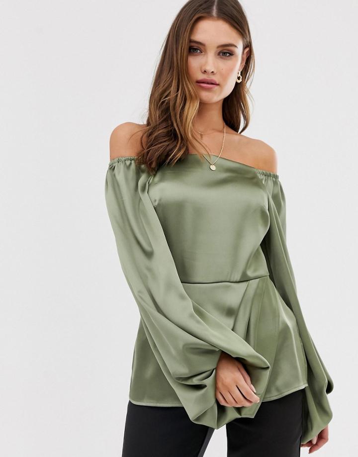 Asos Design Long Sleeve Off Shoulder Top In Satin - Green
