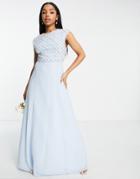 Asos Design Bridesmaid Maxi Dress With Short Sleeve In Pearl And Beaded Embellishment-blue