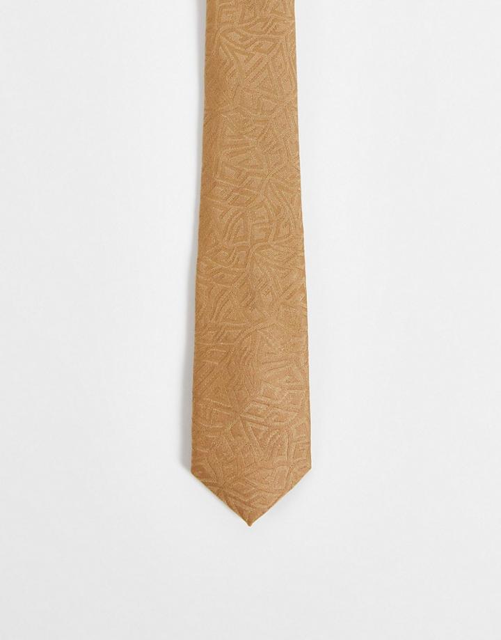 Asos Design Slim Satin Tie With Geo Design In Stone - Beige-neutral