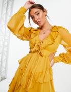 Asos Design Chiffon Mini Dress With Ruffle Detail And Pom Pom Trim-yellow