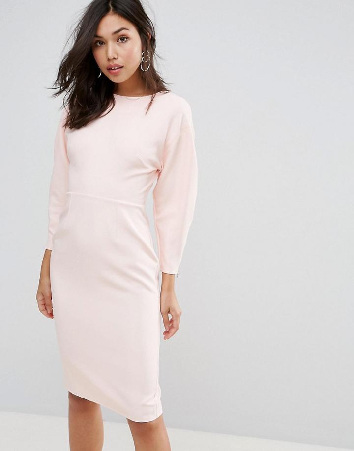 Asos 80s Clean Dome Sleeve Midi Pencil Dress - Pink