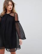 Influence Spot Dobby Mesh Insert Chiffon Dress - Black
