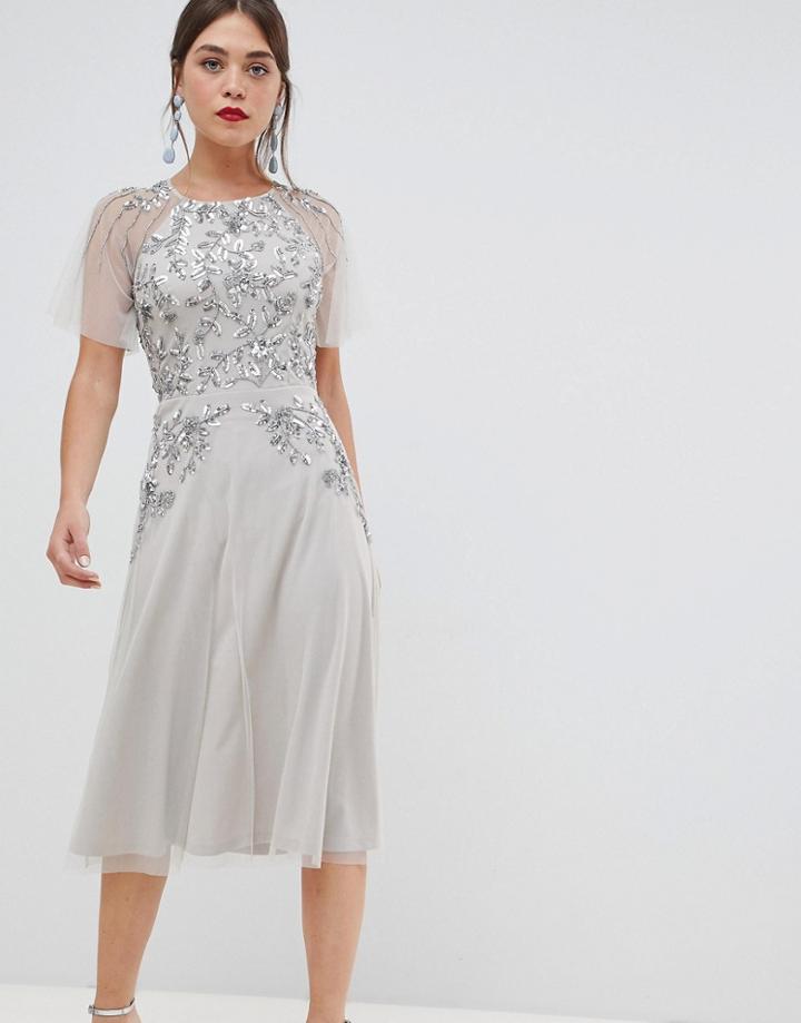 Frock & Frill Short Sleeve Midi Dress With Embellished Detail - Silver