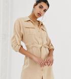 Missguided Exclusive Satin Tie Waist Utility Shirt Dress In Cream - Brown