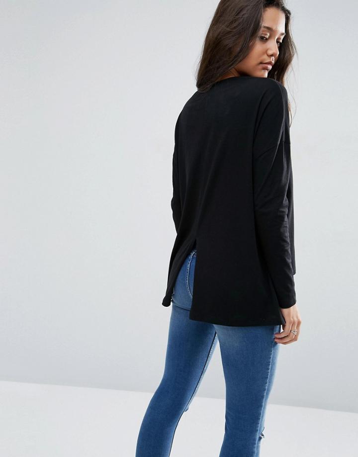Asos Oversize Long Sleeved Split Back Top - Black
