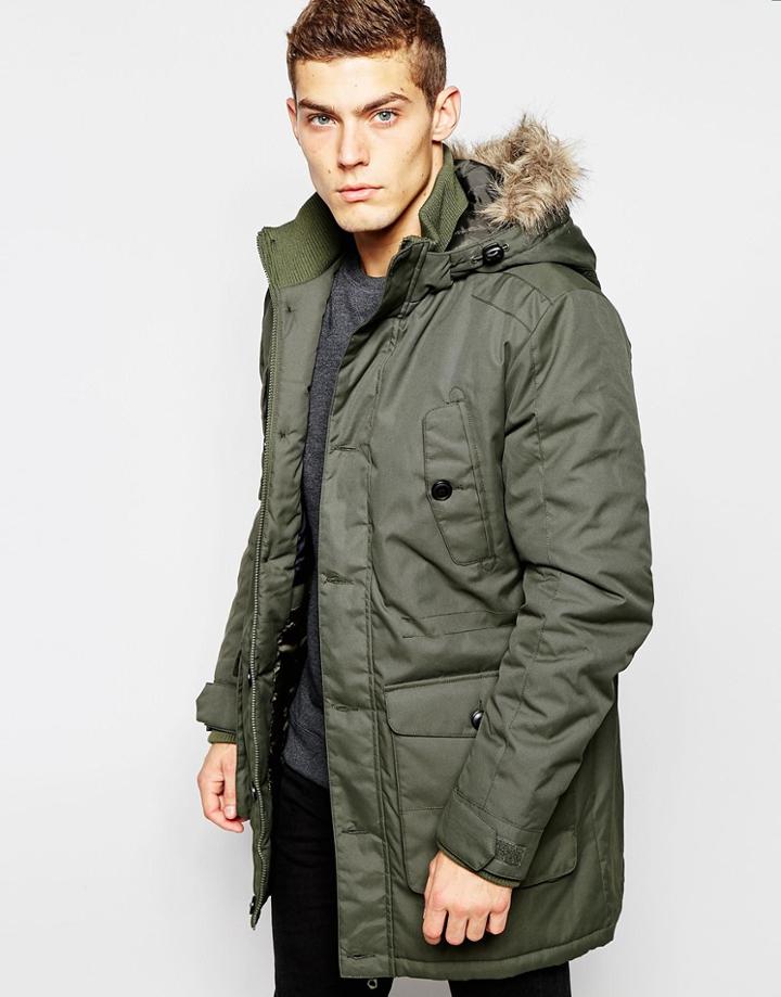Jack & Jones Parka With Faux Fur Hood - Green