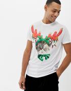 Asos Design Holidays T-shirt With Festive Cat Print - White