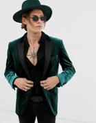 Asos Design Skinny Tuxedo Blazer In Green Velvet - Green