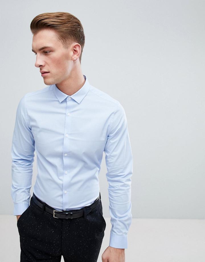 Asos Stretch Slim Formal Work Shirt With Easy Iron In Blue - Blue
