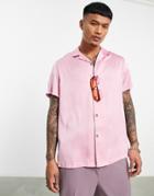 Asos Design Relaxed Revere Satin Shirt In Light Pink