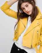 Bershka Leather Look Biker Jacket - Yellow